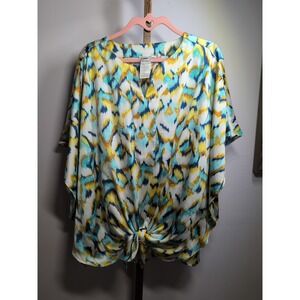 Chicos Ikat Print Satin Poncho Lightweight Tie Front Blouse Sz‎ 2 Boho Artsy